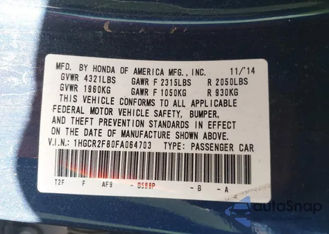 2015 Honda Accord Ex-L из США, поврежденный, VIN 1HGCR2F80FA064703